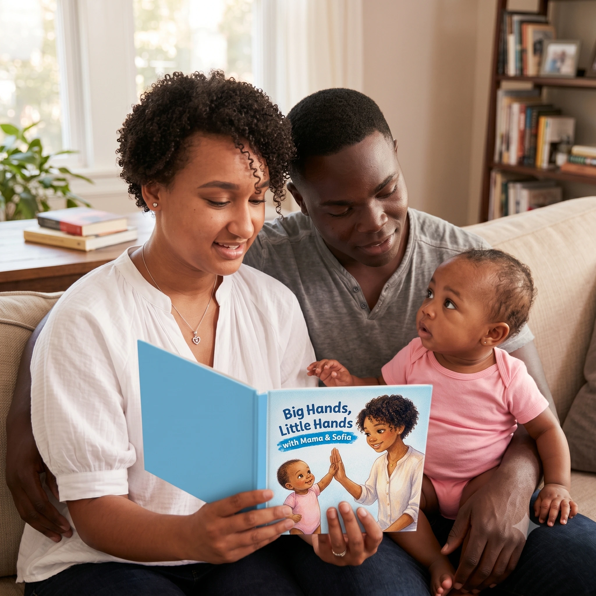 Loved one and baby reading their personalized storybook together