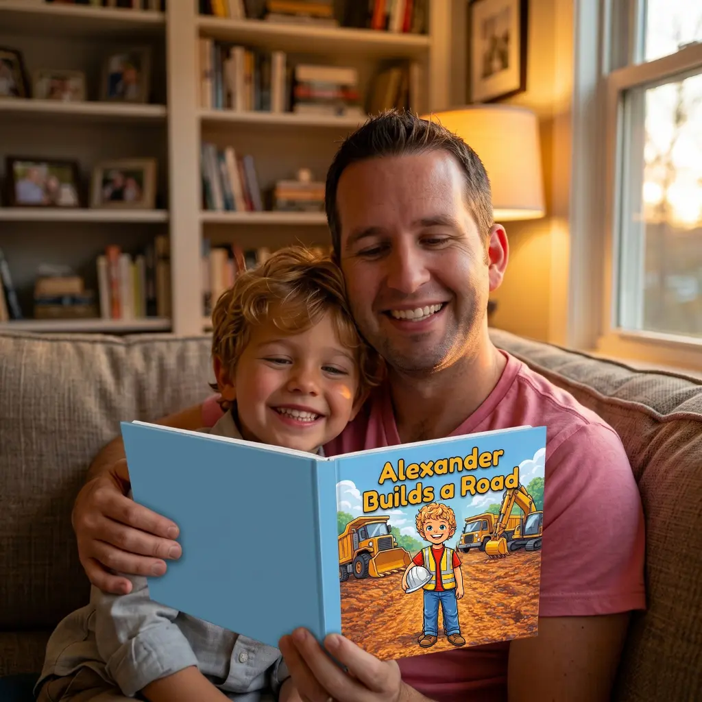 Child reading their personalized Build a Road storybook with Dad