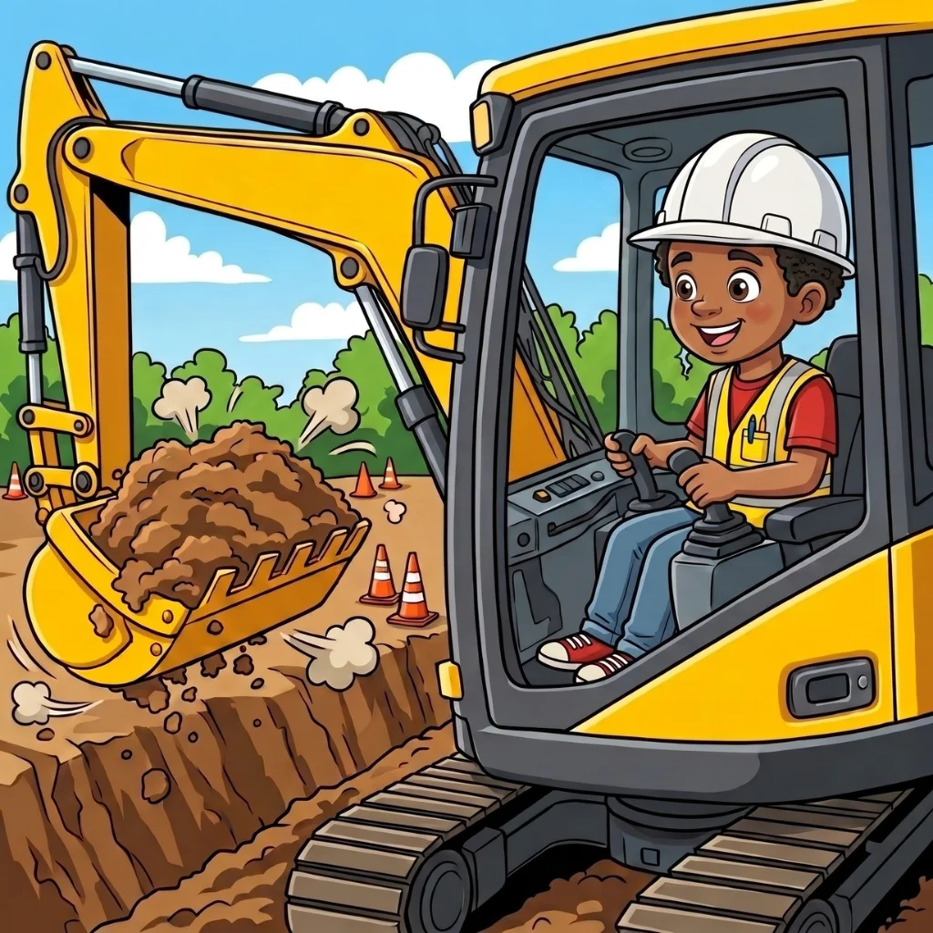 Page 4 of the book with child operating an excavator