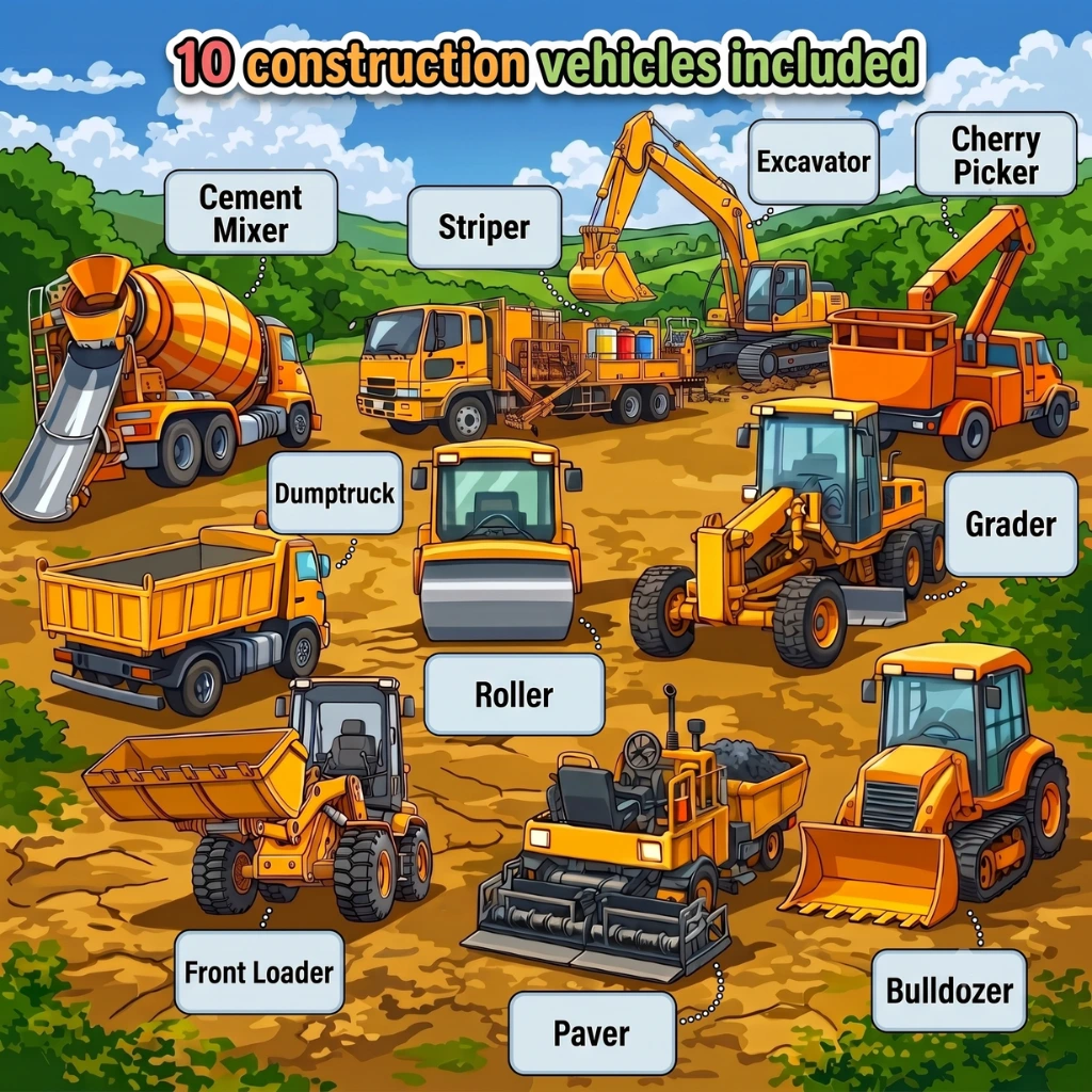 Labeled construction trucks from the book