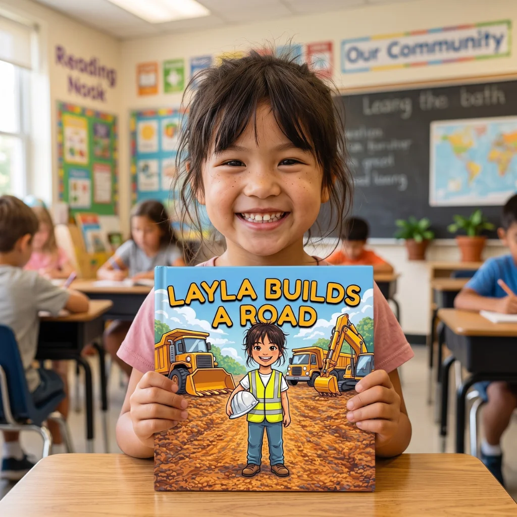 Smiling girl holding their personalized Build a Road storybook
