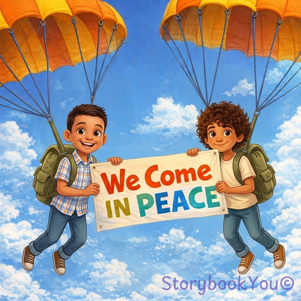 Two grandchildren parachuting down holding a We Come In Peace sign