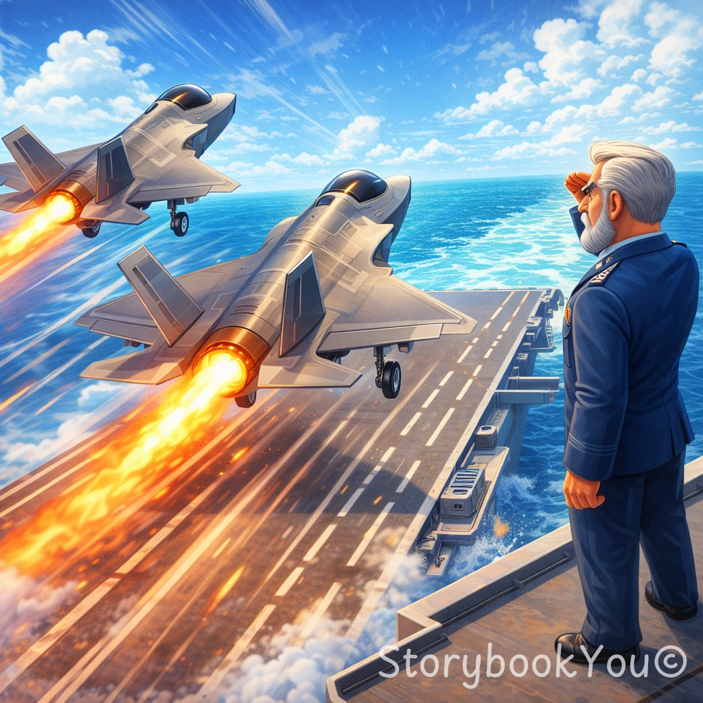 Two F-35 jets launching off an aircraft carrier