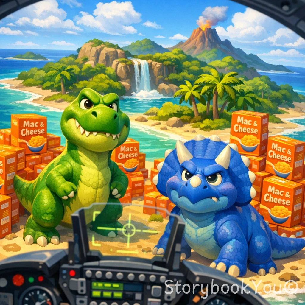 A dinosaur-guarded island seen from the cockpit