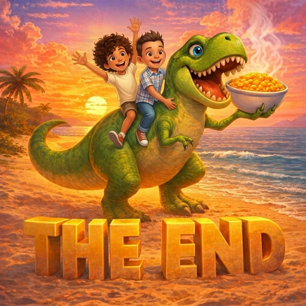 Two grandchildren riding a T-Rex at the end of the story