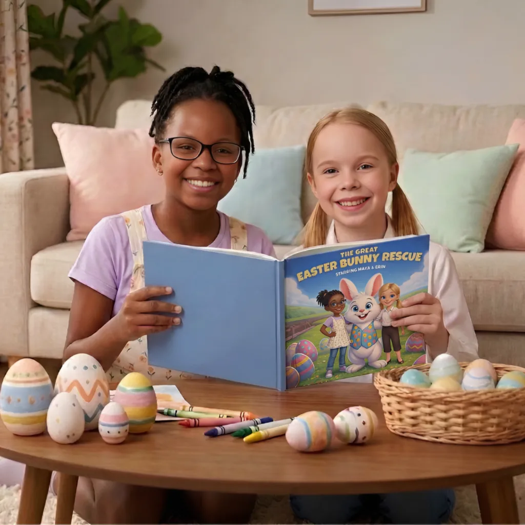Two children reading their Easter storybook
