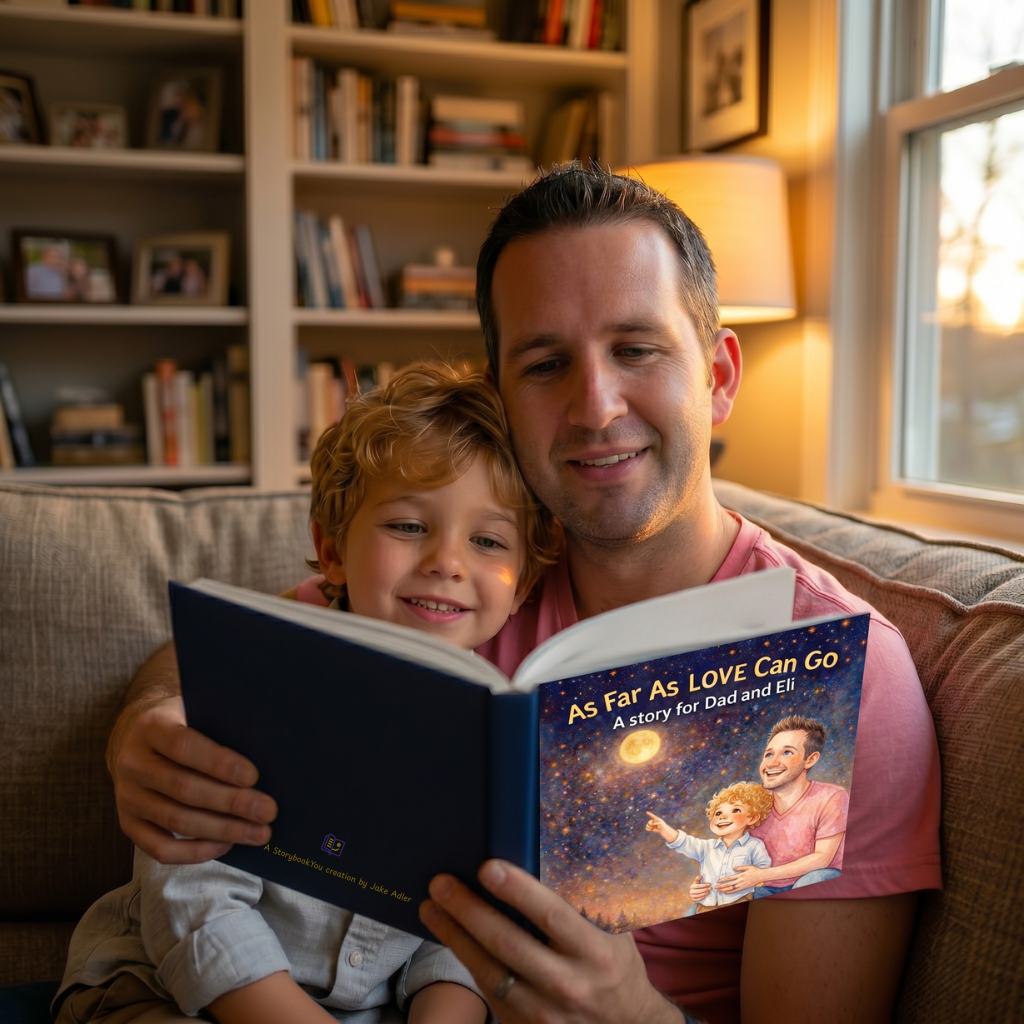 Dad and child reading their personalized storybook together