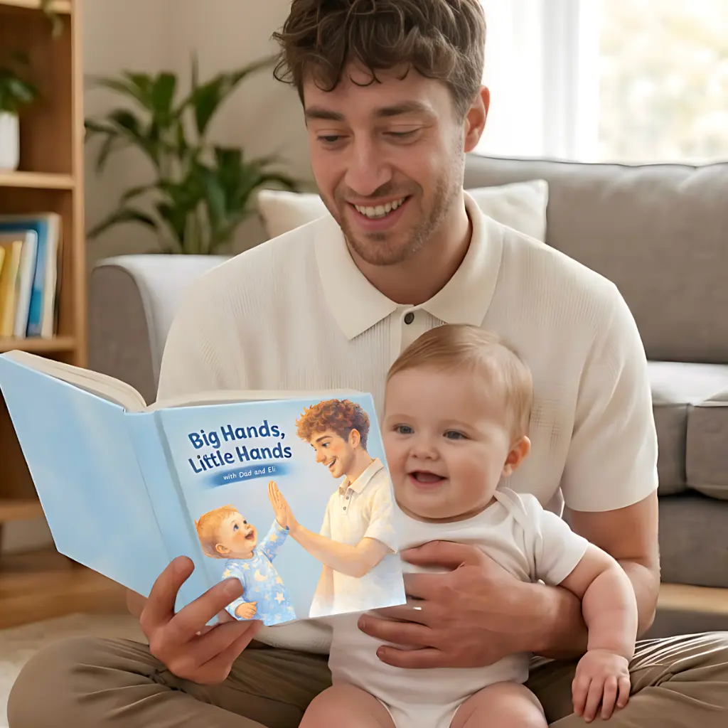 Dad and baby reading their personalized storybook together