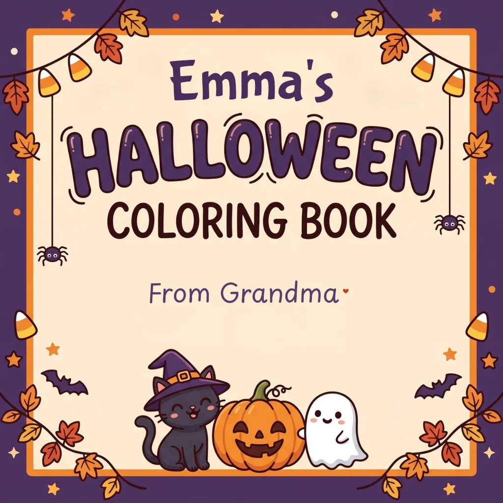 Personalized Halloween coloring book for Emma from Grandma — cover, note, and sample pages - Example