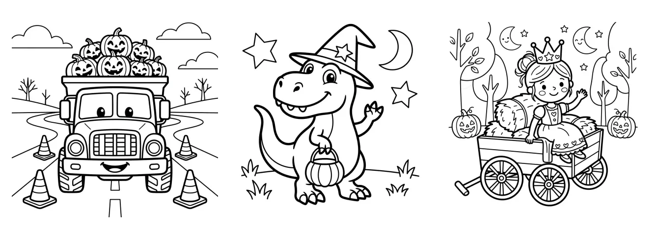 Sample Halloween coloring pages with trucks, dinosaurs, and princess themes