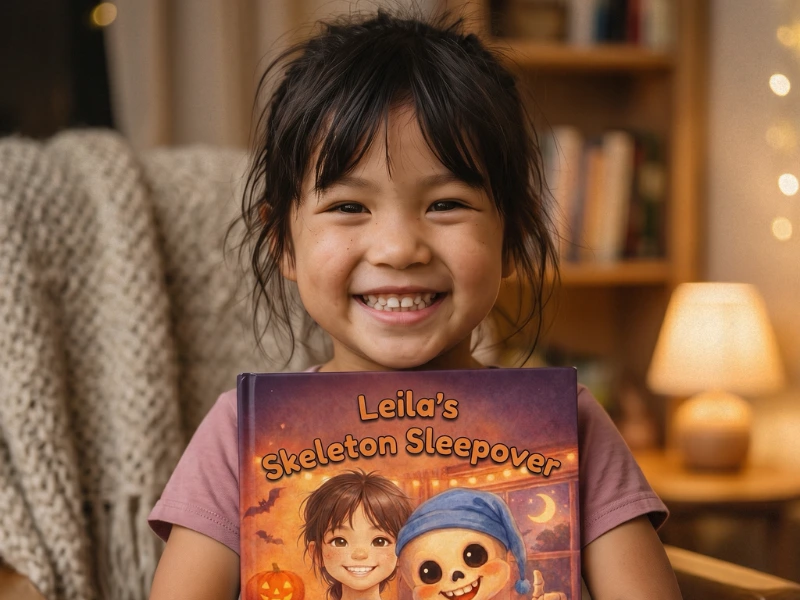 Child and parent reading Skeleton Sleepover at bedtime